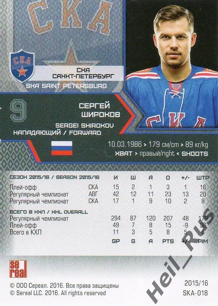 Хоккей. Карточка Сергей Широков СКА Санкт-Петербург КХЛ/KHL сезон 2015/16 SeReal 1