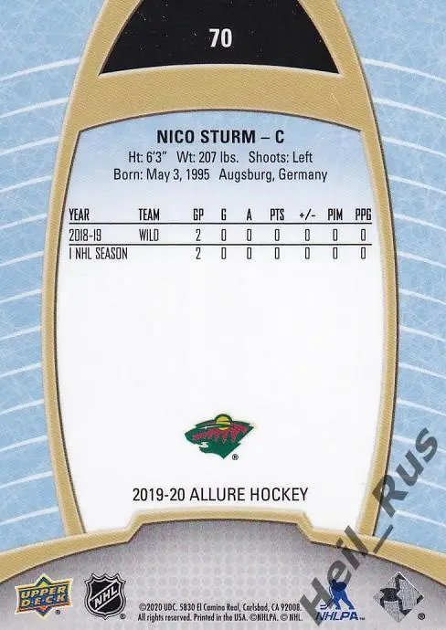 Хоккей. Карточка Nico Sturm/Нико Штурм (Minnesota Wild/Миннесота Уайлд) НХЛ/NHL 1