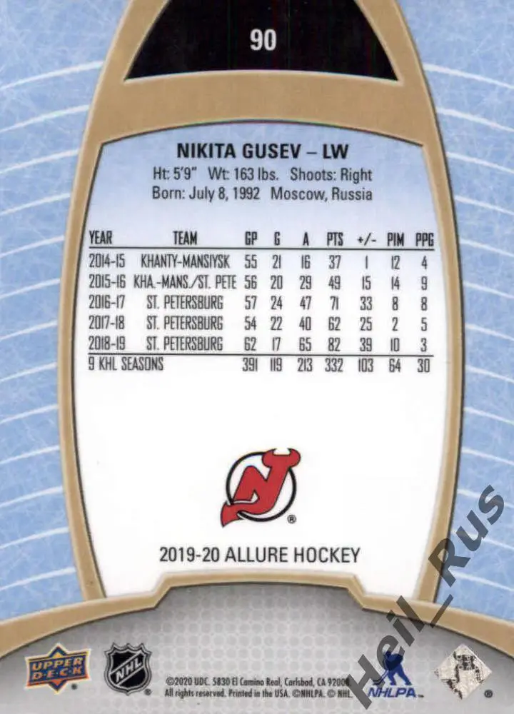 Карточка Никита Гусев New Jersey Devils, Динамо/ЦСКА Москва/СКА/Амур НХЛ/NHL/КХЛ 1