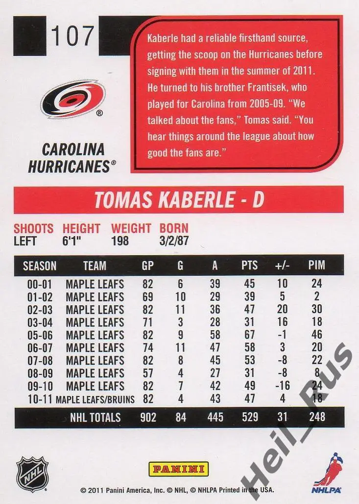 Карточка Томаш Каберле Carolina Hurricanes/Каролина Boston Bruins/Бостон НХЛ/NHL 1