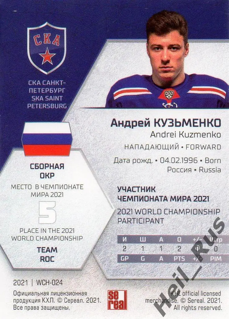 Хоккей Карточка Андрей Кузьменко (Россия, СКА Санкт-Петербург) КХЛ сезон 2020/21 1
