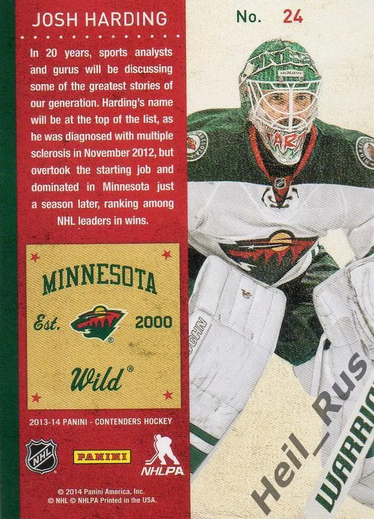 Хоккей Карточка Josh Harding/Джош Хардинг Minnesota Wild/Миннесота Уайлд NHL/НХЛ 1