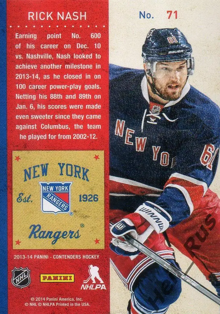 Хоккей. Карточка Rick Nash/Рик Нэш (New York Rangers/Нью-Йорк Рейнджерс) НХЛ/NHL 1