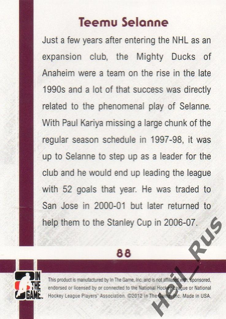 Хоккей; Карточка Teemu Selanne/Теему Селянне Anaheim Ducks/Анахайм Дакс НХЛ/NHL 1