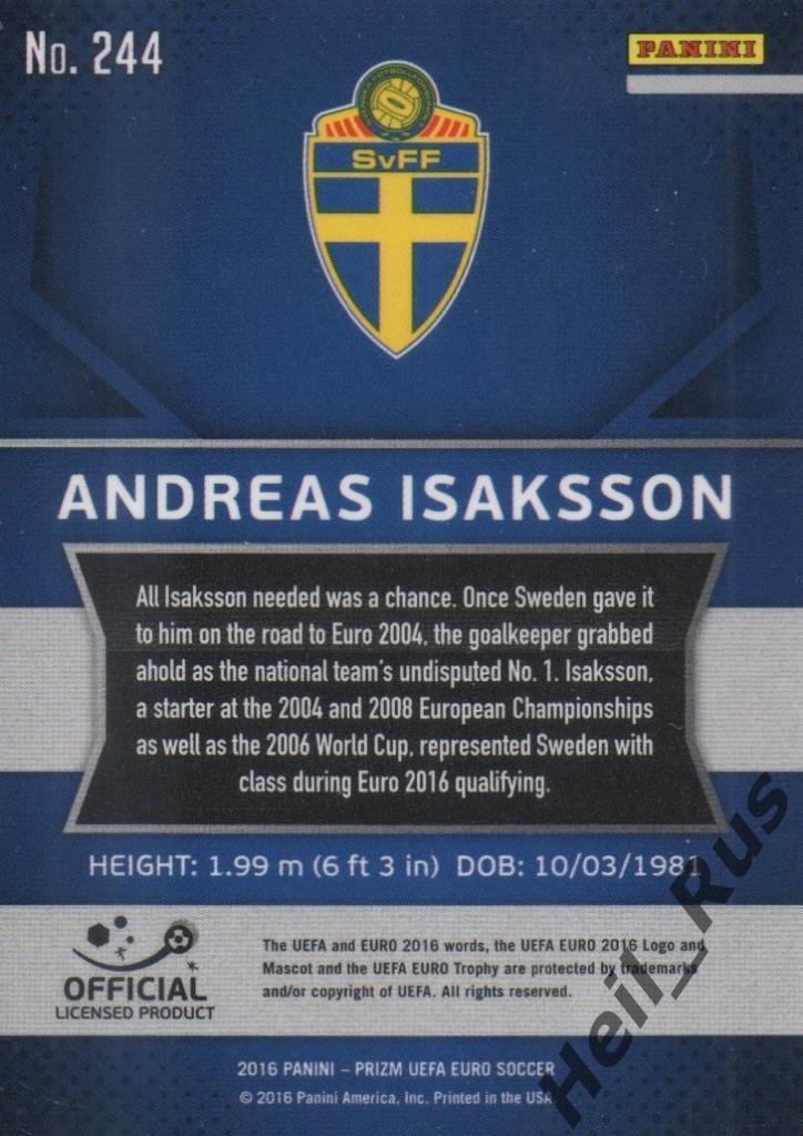 Футбол. Карточка Andreas Isaksson/Андреас Исакссон Швеция Euro/Евро 2016 Panini 1