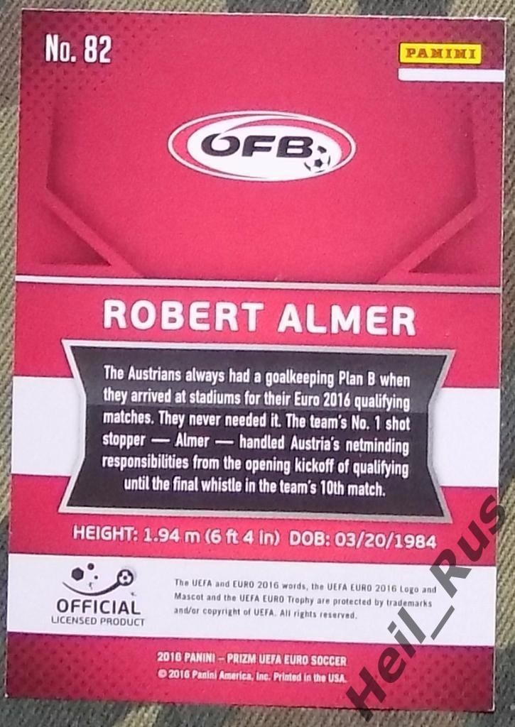 Футбол. Карточка Robert Almer/Роберт Альмер Австрия Euro/Евро 2016 Panini/Панини 1