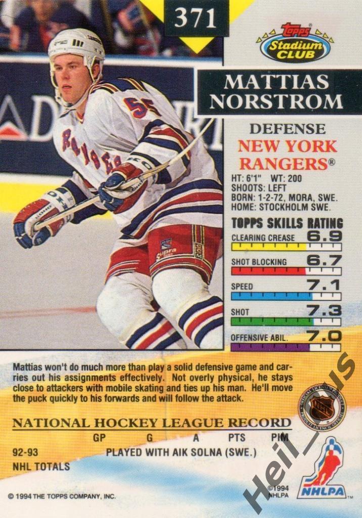 Хоккей. Карточка Mattias Norstrom / Маттиас Норстрем (New York Rangers) NHL/НХЛ 1