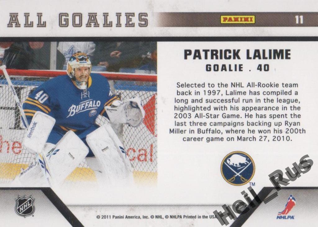 Хоккей. Карточка Patrick Lalime/Патрик Лалим (Buffalo Sabres/Баффало) НХЛ/NHL 1