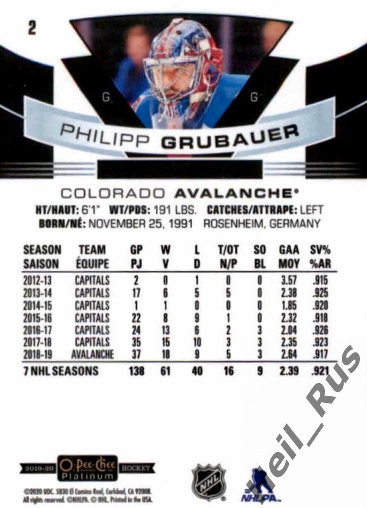 Карточка Philipp Grubauer/Филипп Грубауэр Colorado Avalanche / Колорадо НХЛ/NHL 1