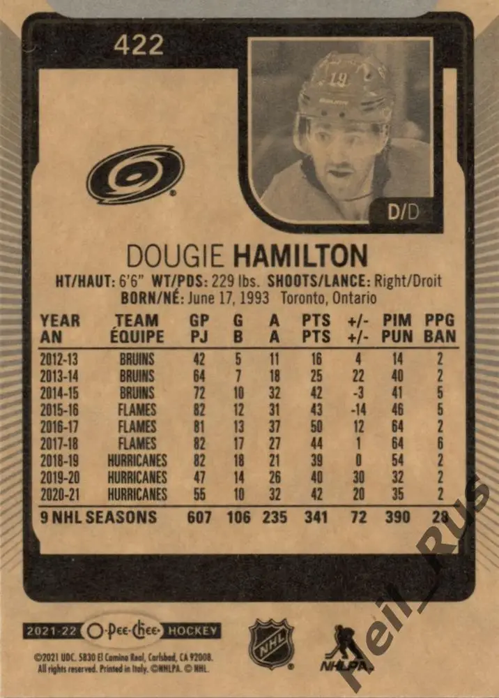 Карточка Dougie Hamilton/Дуги Хэмилтон (Carolina Hurricanes / Каролина) НХЛ/NHL 1