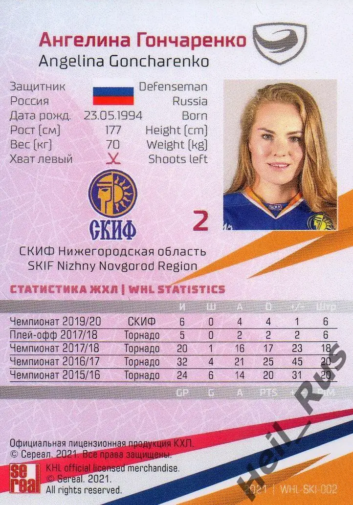 Карточка Ангелина Гончаренко (СКИФ Нижегородская область) ЖХЛ, КХЛ сезон 2020/21 1