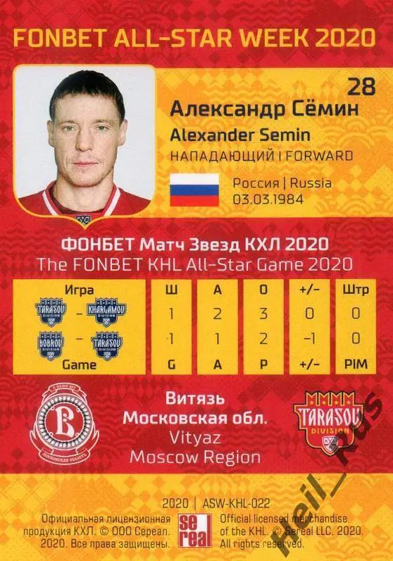 Карточка Александр Семин Витязь Московская область КХЛ Неделя Звезд Хоккея 2020 1