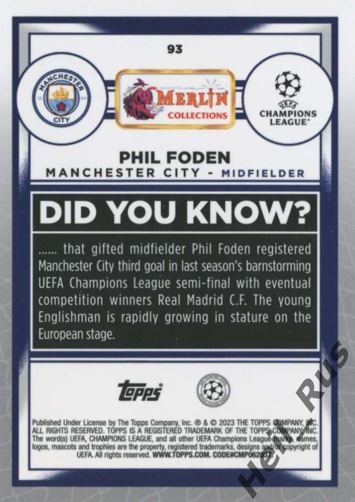 Футбол Карточка Phil Foden/Фил Фоден Манчестер Сити Лига Чемпионов 2022-23 TOPPS 1