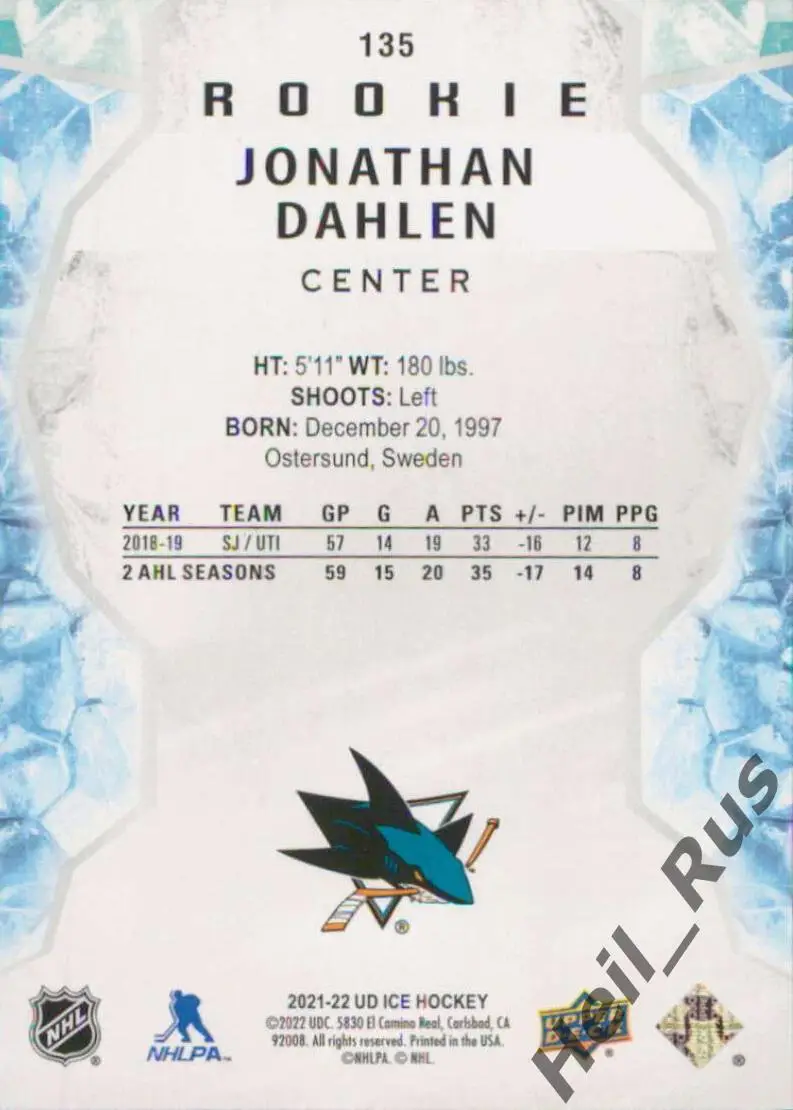 Хоккей. Карточка Jonathan Dahlen/Джонатан Дален San Jose Sharks/Сан-Хосе НХЛ/NHL 1