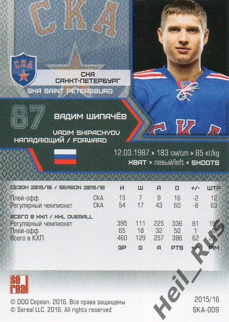 Хоккей. Карточка Вадим Шипачев СКА Санкт-Петербург КХЛ/KHL сезон 2015/16 SeReal 1