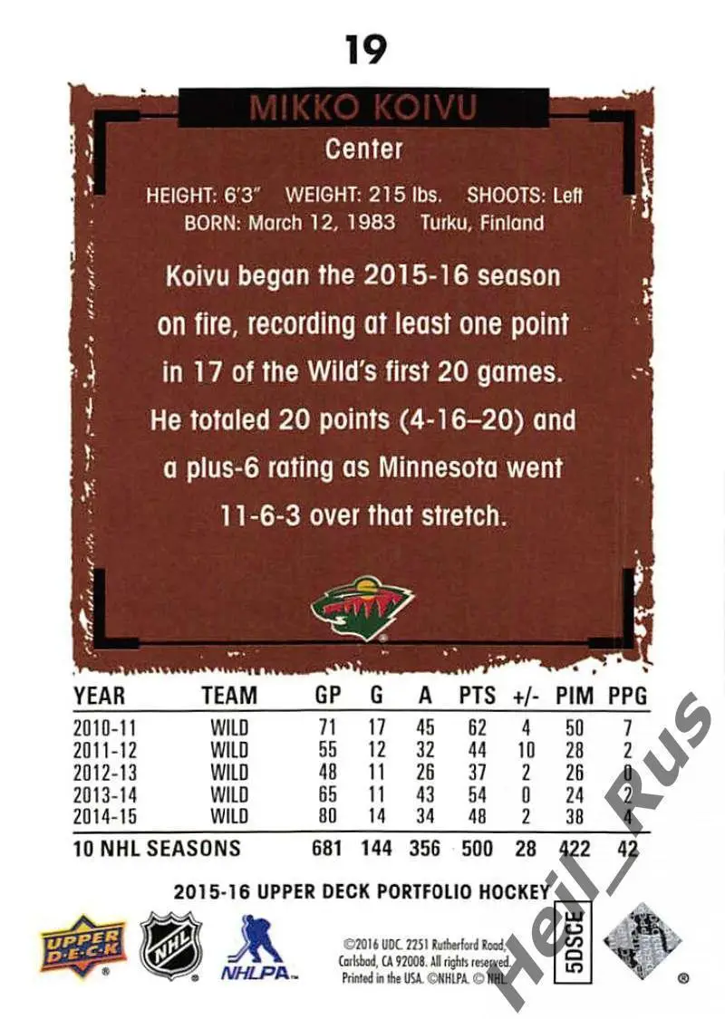 Хоккей Карточка Mikko Koivu / Микко Койву Minnesota Wild/Миннесота Уайлд НХЛ/NHL 1