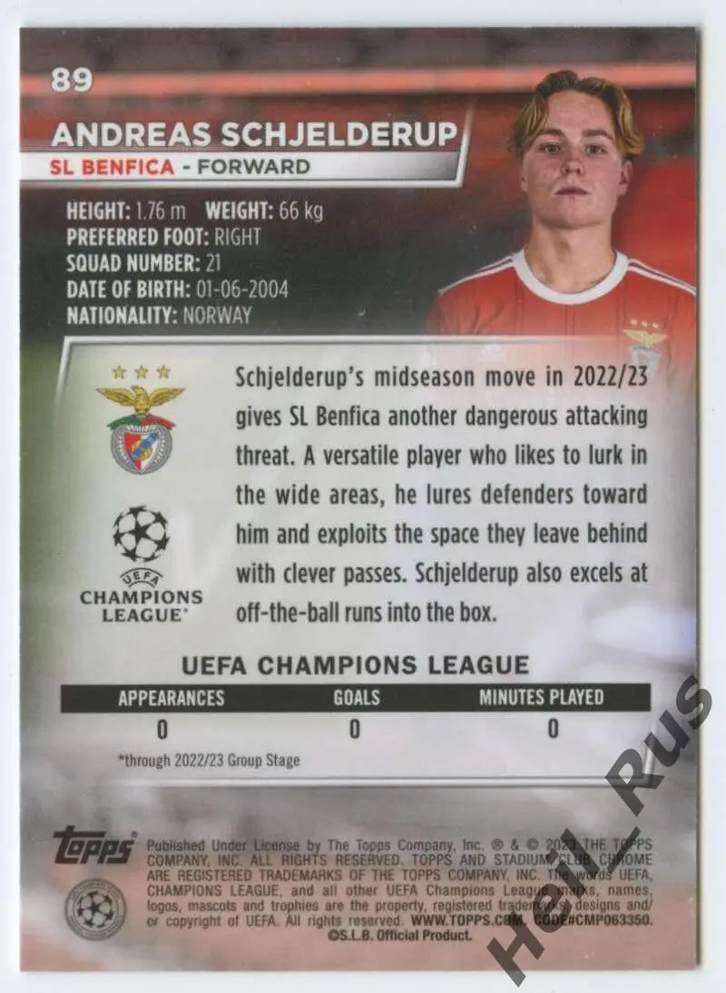 Карточка Andreas Schjelderup/Андреас Шельдеруп Бенфика Лига Чемпионов 2022-23 1