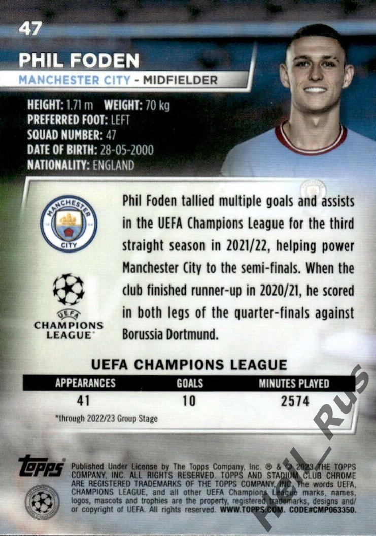 Футбол Карточка Phil Foden/Фил Фоден Манчестер Сити Лига Чемпионов 2022/23 TOPPS 1