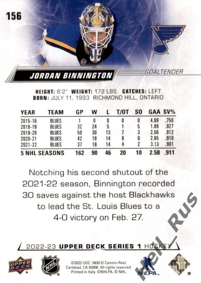 Карточка Jordan Binnington/Джордан Биннингтон St. Louis Blues/Сент-Луис NHL НХЛ 1