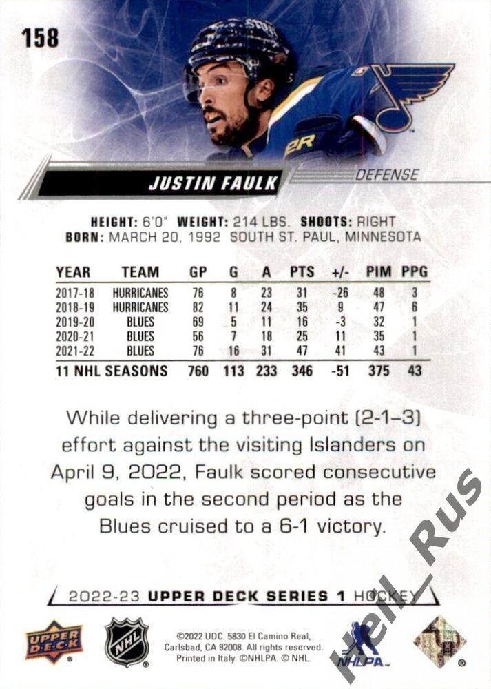 Хоккей Карточка Justin Faulk/Джастин Фолк St. Louis Blues/Сент-Луис Блюз НХЛ/NHL 1