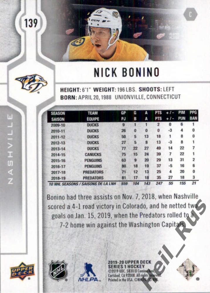 Хоккей. Карточка Nick Bonino/Ник Бонино (Nashville Predators / Нэшвилл) НХЛ/NHL 1