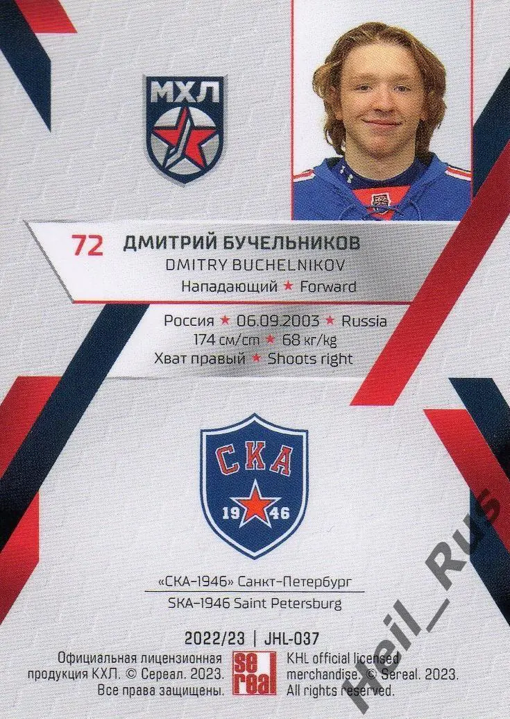 Хоккей. Карточка Дмитрий Бучельников (СКА-1946 Санкт-Петербург) КХЛ/МХЛ 2022/23 1