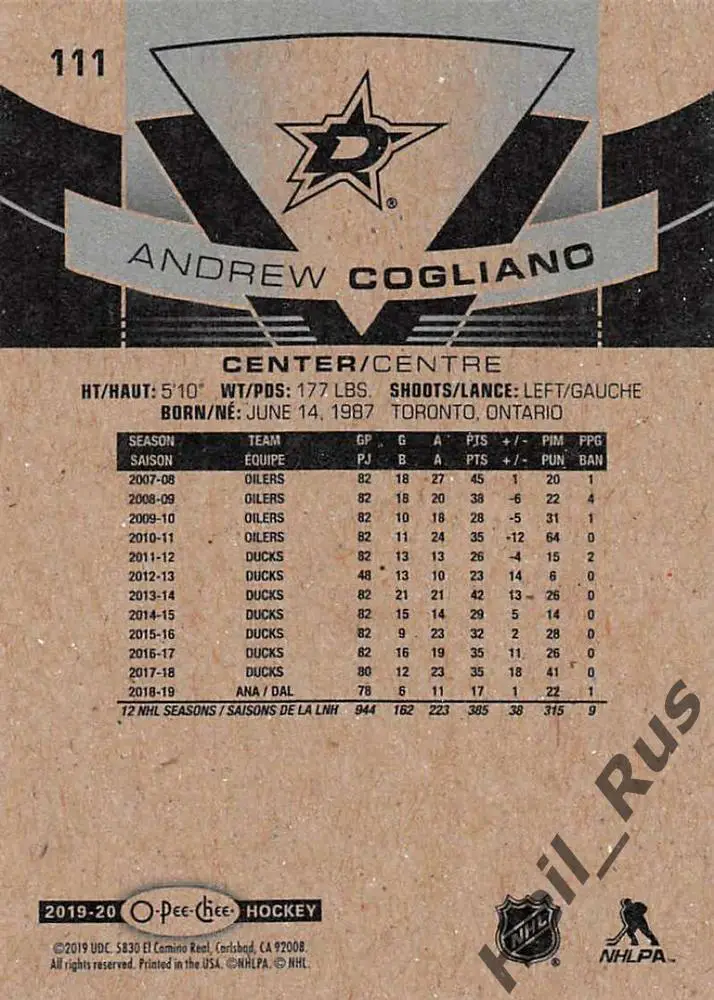 Хоккей. Карточка Andrew Cogliano/Эндрю Кольяно Dallas Stars/Даллас Старз НХЛ/NHL 1