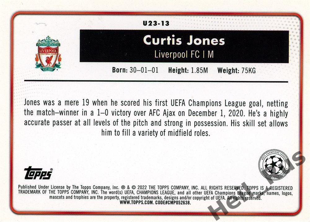 Футбол Карточка Curtis Jones/Кертис Джонс Ливерпуль Лига Чемпионов 2021-22 TOPPS 1