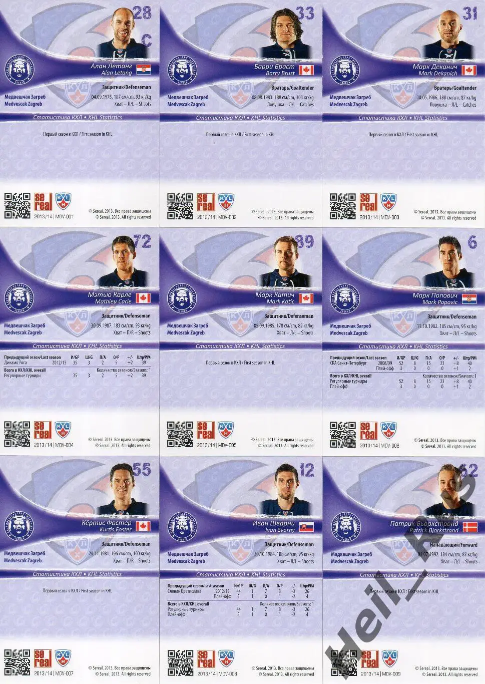 Хоккей. Медвешчак Загреб 18 карточек КХЛ/KHL сезон 2013/14 SeReal Чичу, Эллисон 1