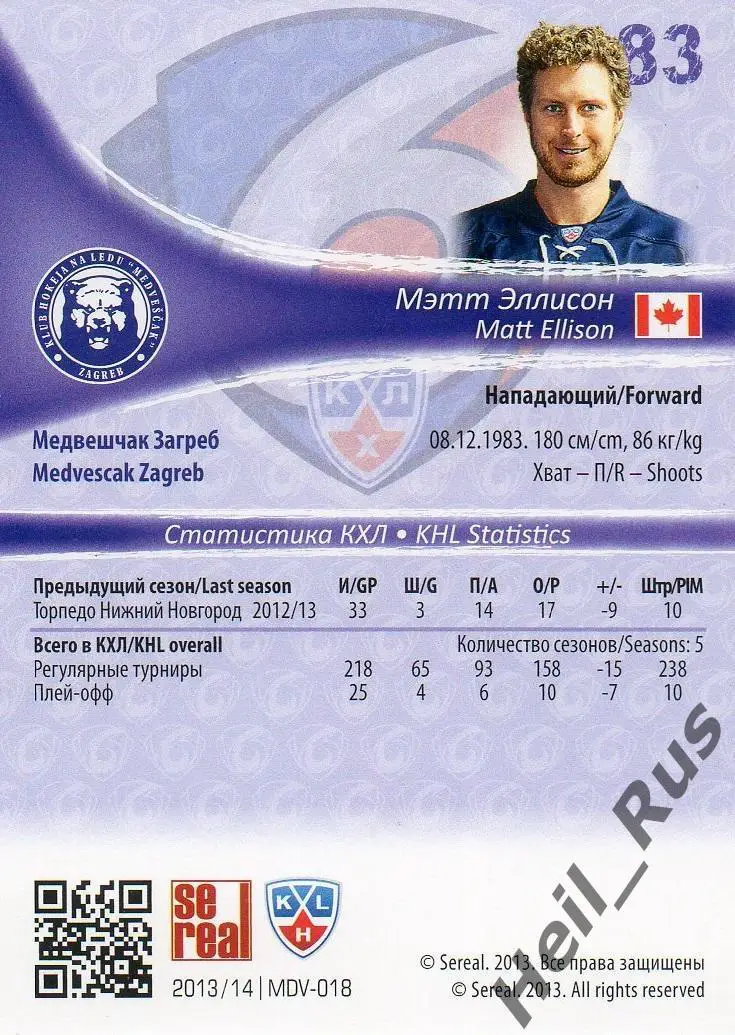 Хоккей; Карточка Мэтт Эллисон (Медвешчак Загреб) КХЛ/KHL сезон 2013/14 SeReal 1