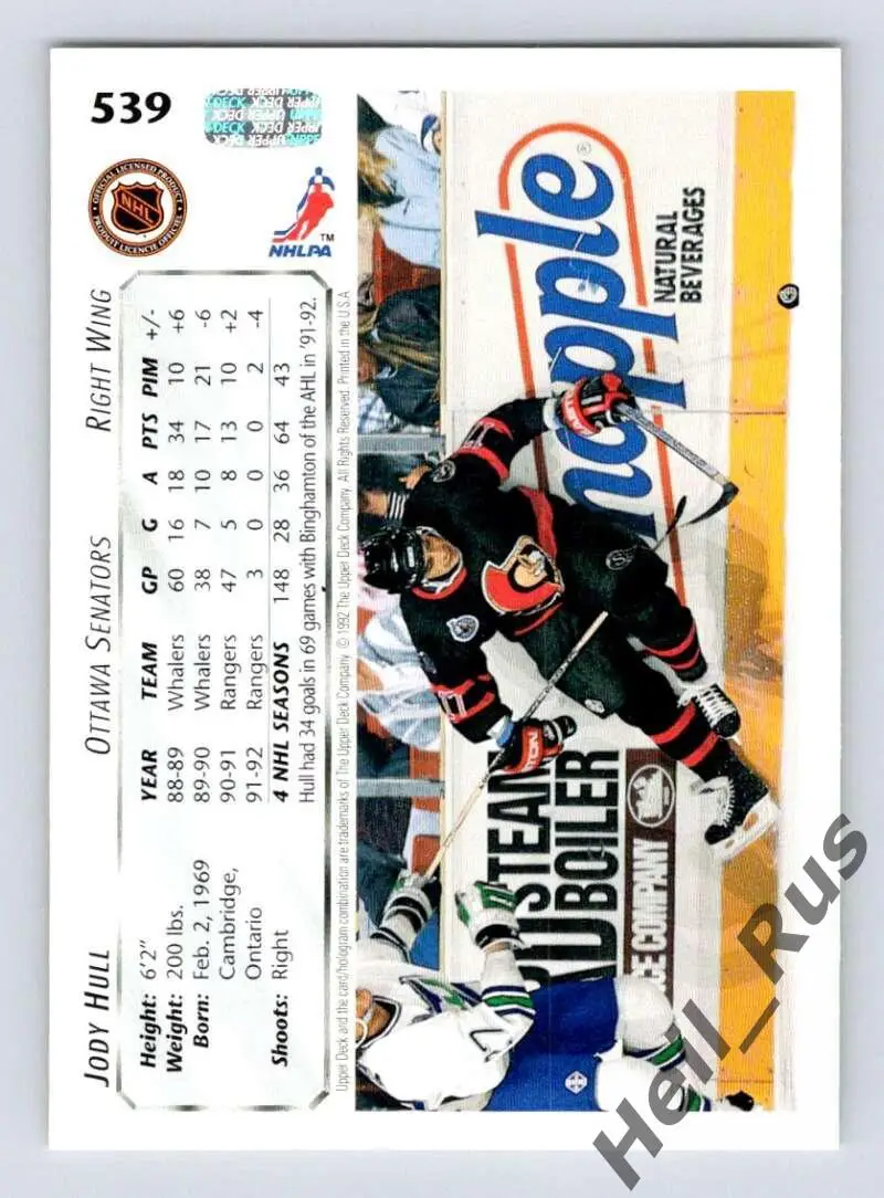 Хоккей. Карточка Jody Hull/Джоди Халл (Ottawa Senators/Оттава Сенаторз) НХЛ/NHL 1