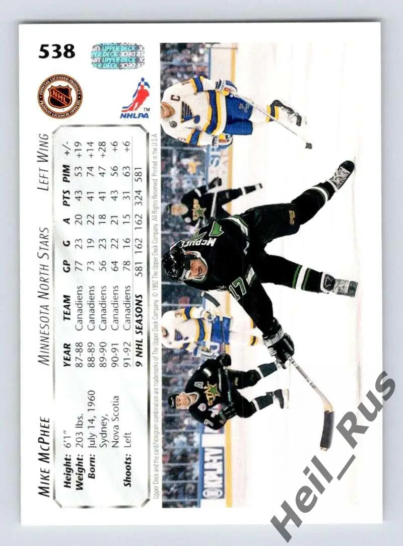 Хоккей Карточка Mike McPhee/Майк Макфи (Minnesota North Stars/Миннесота) НХЛ/NHL 1