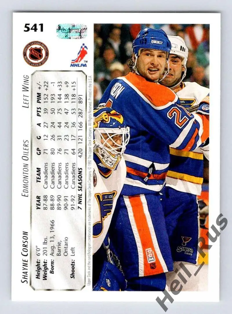 Хоккей; Карточка Shayne Corson/Шейн Корсон (Edmonton Oilers / Эдмонтон) НХЛ/NHL 1