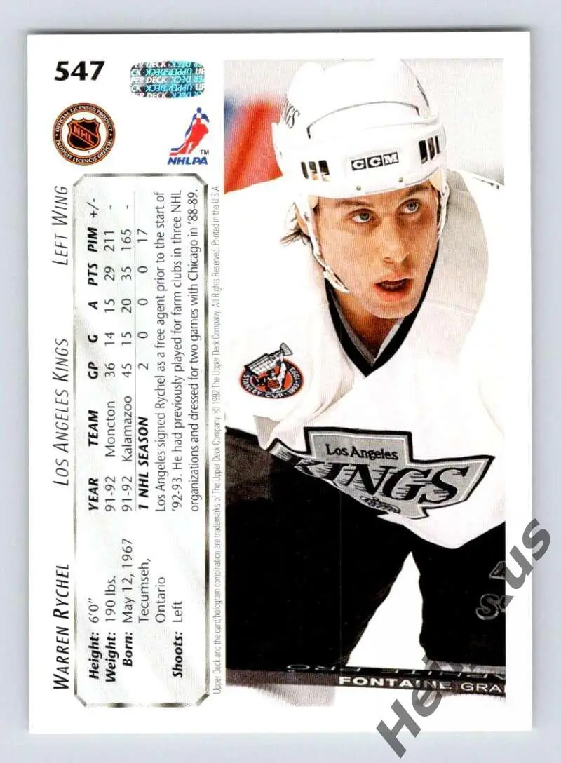 Хоккей. Карточка Warren Rychel/Уоррен Райкел (Los Angeles Kings / Кингз) НХЛ/NHL 1