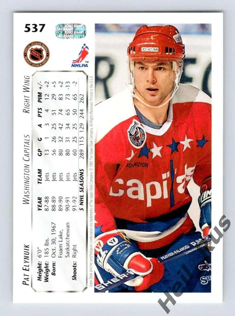 Хоккей. Карточка Pat Elynuik/Пэт Элиньюк (Washington Capitals/Вашингтон) НХЛ/NHL 1
