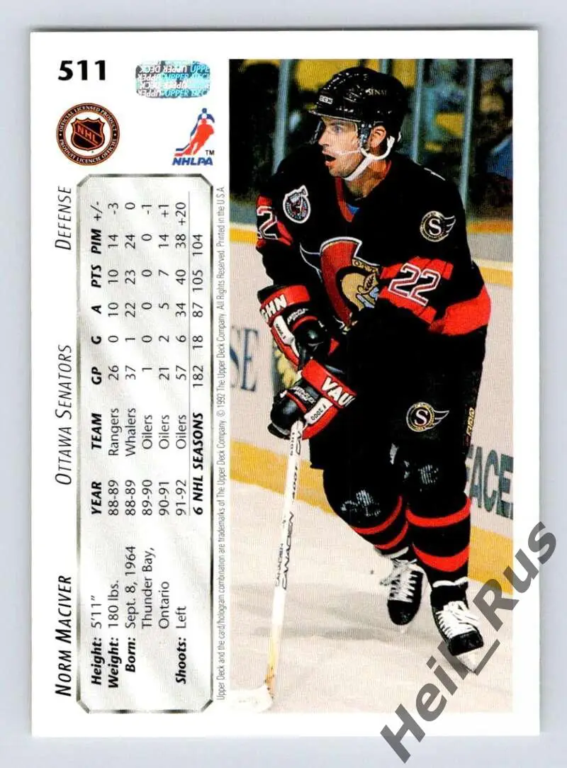 Хоккей. Карточка Norm Maciver/Норм Макивер (Ottawa Senators/Оттава) НХЛ/NHL 1