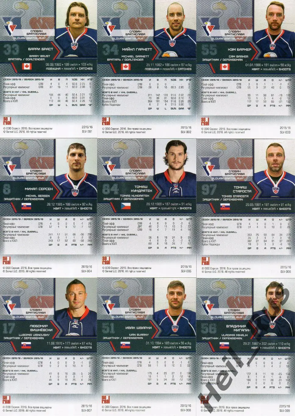 Хоккей. Слован Братислава 18 карточек КХЛ/KHL сезон 2015/16 SeReal Браст Гарнетт 1