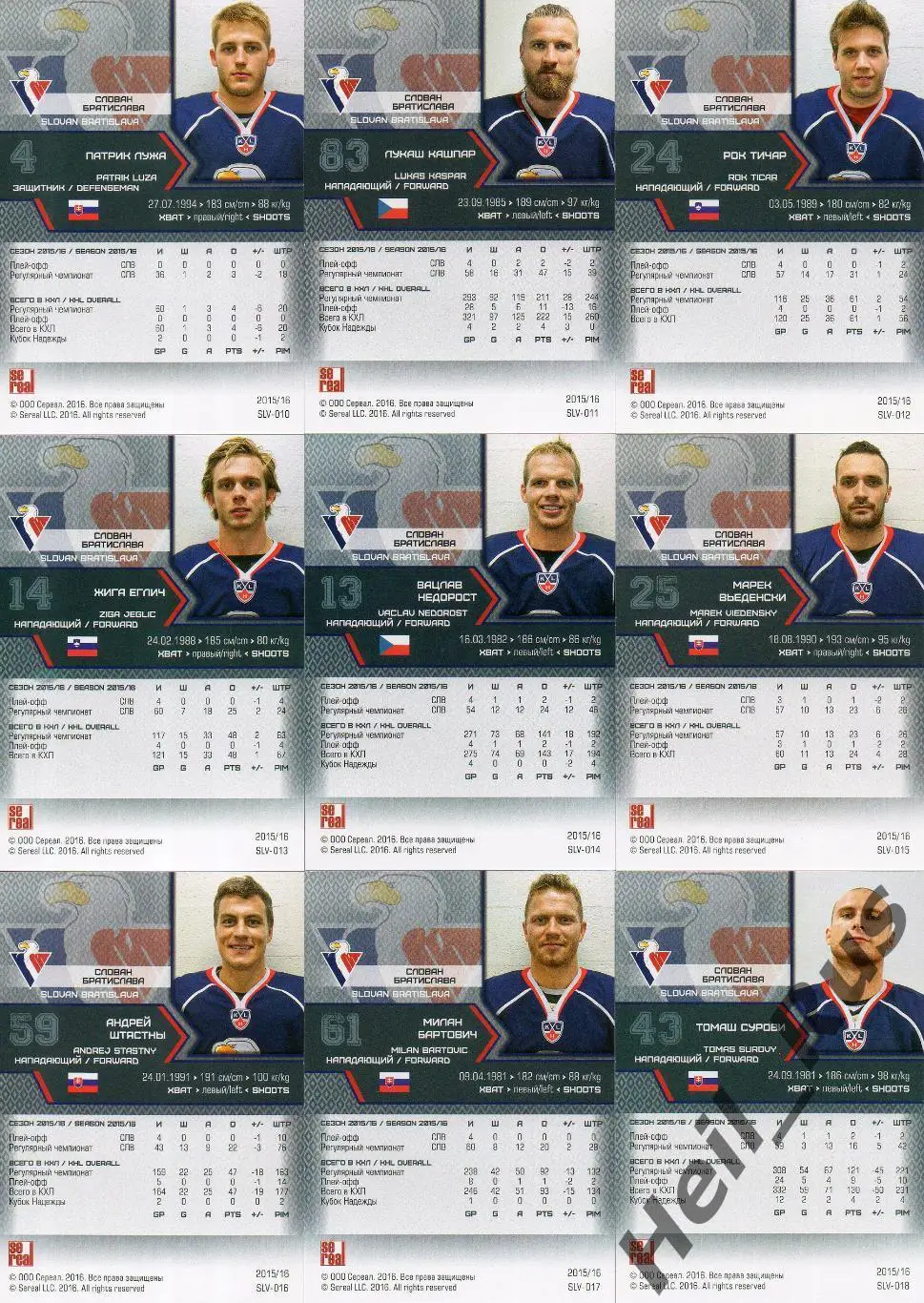 Хоккей. Слован Братислава 18 карточек КХЛ/KHL сезон 2015/16 SeReal Браст Гарнетт 3
