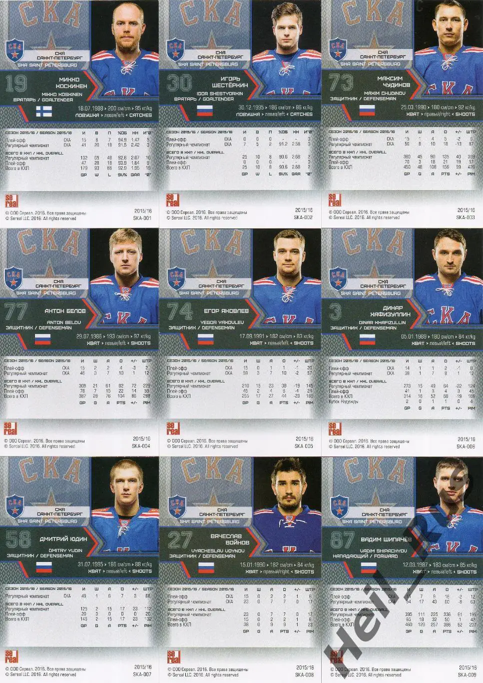 Хоккей. СКА Санкт-Петербург 18 карточек КХЛ/KHL сезон 2015/16 SeReal Шестеркин + 1