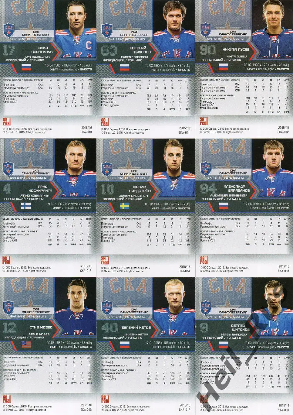 Хоккей. СКА Санкт-Петербург 18 карточек КХЛ/KHL сезон 2015/16 SeReal Шестеркин + 3