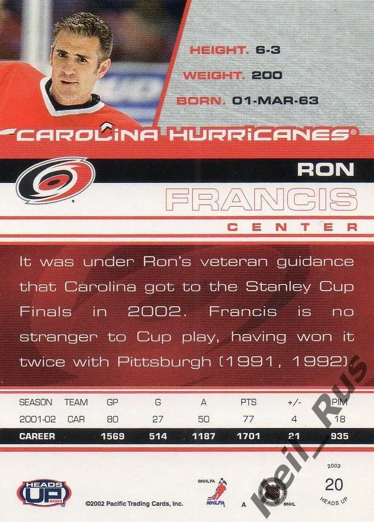Хоккей. Карточка Ron Francis/Рон Фрэнсис Carolina Hurricanes / Каролина NHL/НХЛ 1