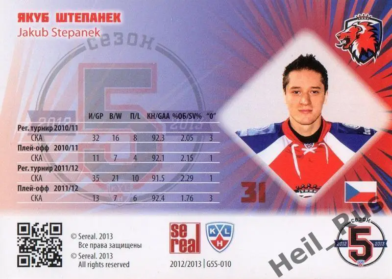 Хоккей. Карточка Якуб Штепанек Лев Прага/Lev Prague КХЛ/KHL сезон 2012/13 SeReal 1