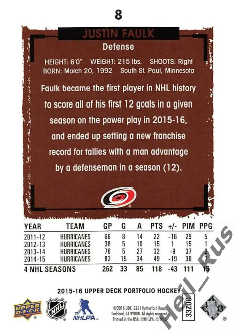 Хоккей Карточка Justin Faulk/Джастин Фолк (Carolina Hurricanes/Каролина) НХЛ/NHL 1