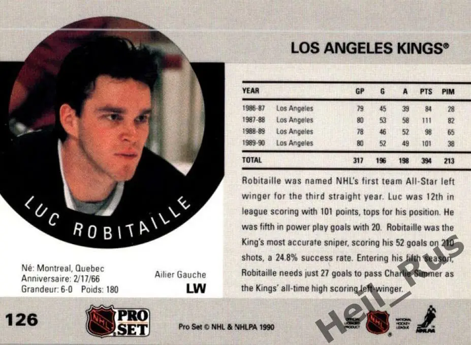 Карточка Luc Robitaille/Люк Робитайл (Los Angeles Kings/Лос-Анджелес) НХЛ/NHL 1