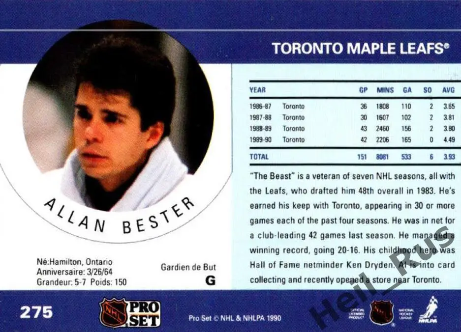 Хоккей; Карточка Allan Bester/Аллан Бестер (Toronto Maple Leafs/Торонто) НХЛ/NHL 1