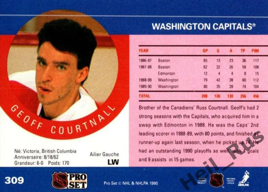 Карточка Geoff Courtnall/Джефф Куртнолл (Washington Capitals/Вашингтон) НХЛ/NHL 1
