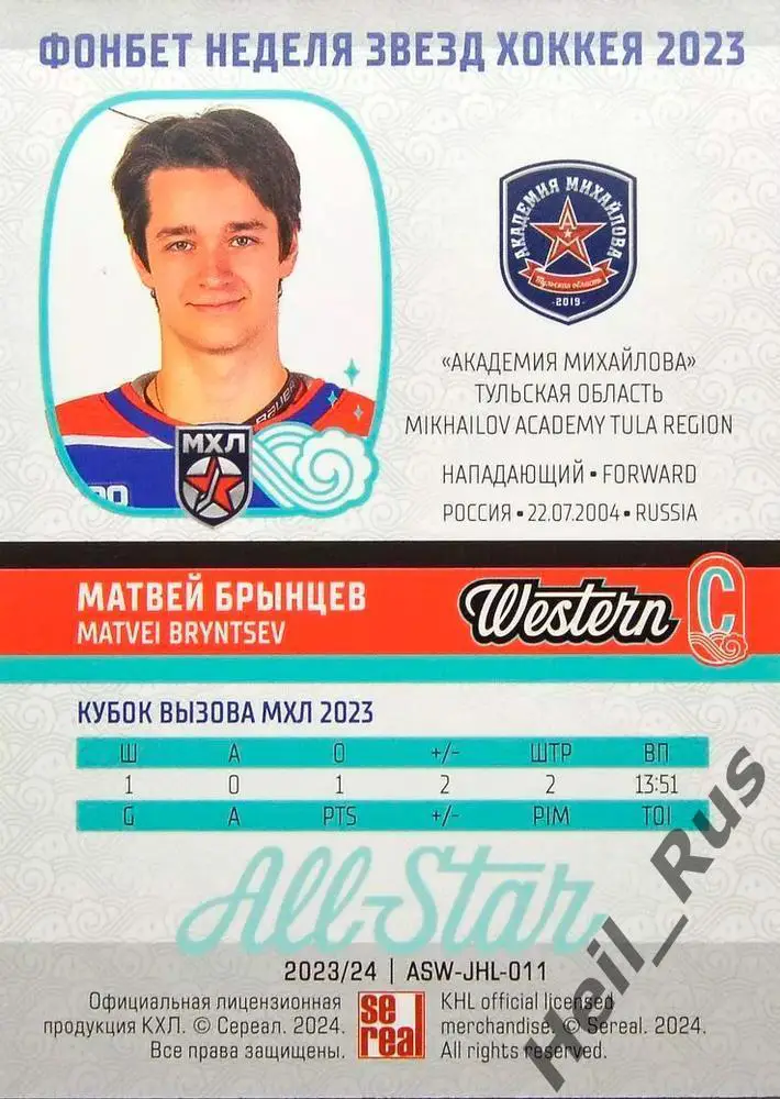Хоккей Карточка Матвей Брынцев Академия Михайлова Тула Кубок Вызова МХЛ/КХЛ 2023 1