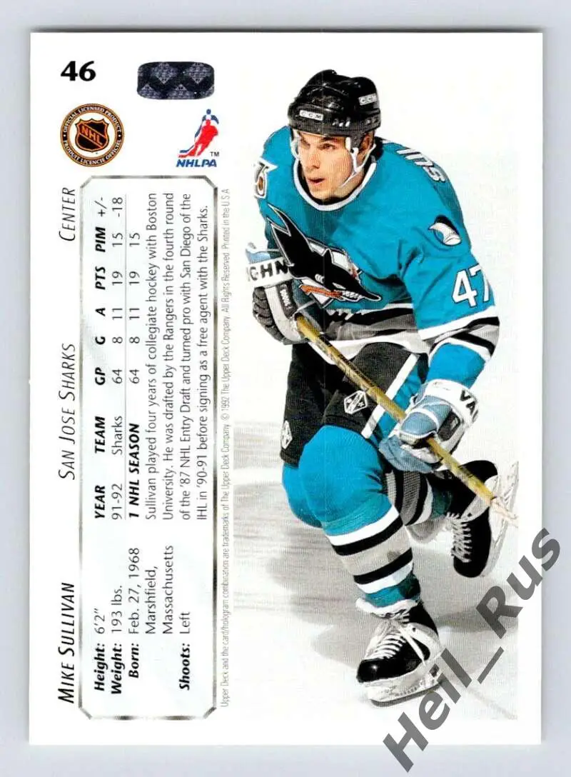 Хоккей. Карточка Mike Sullivan/Майк Салливан (San Jose Sharks/Сан-Хосе) НХЛ/NHL 1
