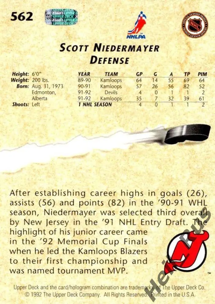 Карточка Scott Niedermayer/Скотт Нидермайер New Jersey Devils/Нью-Джерси НХЛ/NHL 1