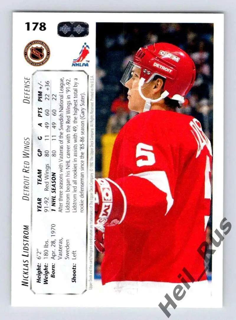 Карточка Nicklas Lidstrom/Никлас Лидстрем (Detroit Red Wings/Детройт) NHL/НХЛ 1